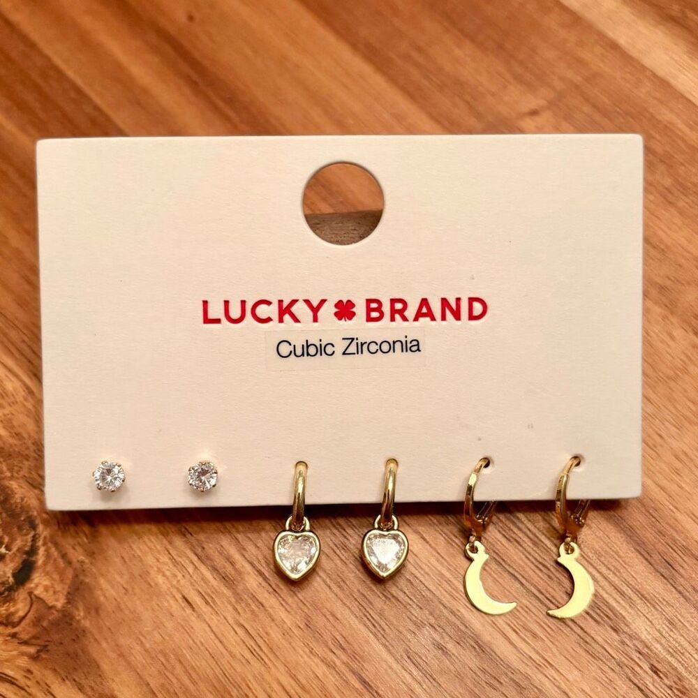 Lucky Brand | Cubic Zirconia Set of 3 Earrings | Gold Tone - Picture 2 of 2